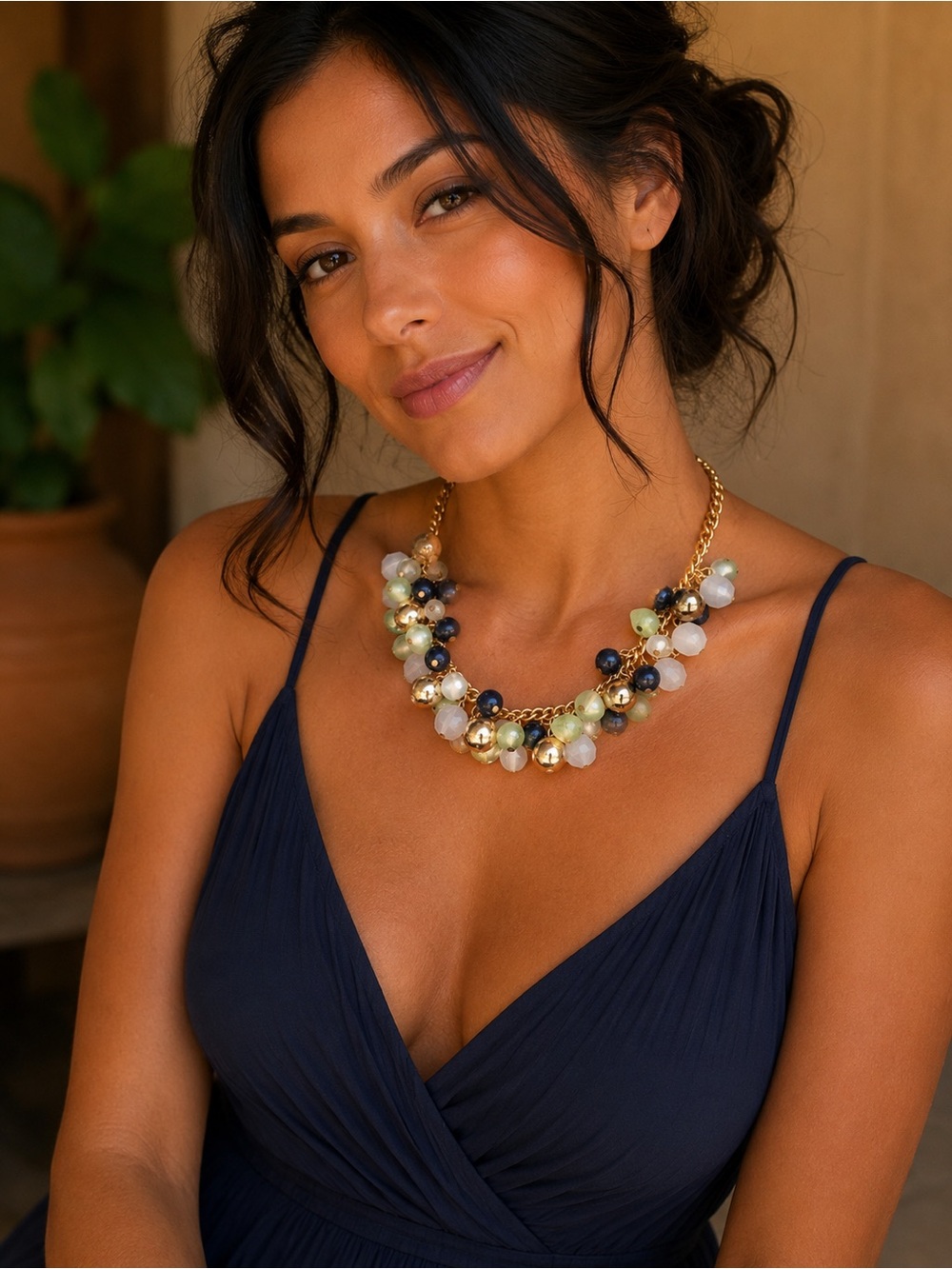 Statement Beaded Cluster Necklace – Navy, Soft & Green